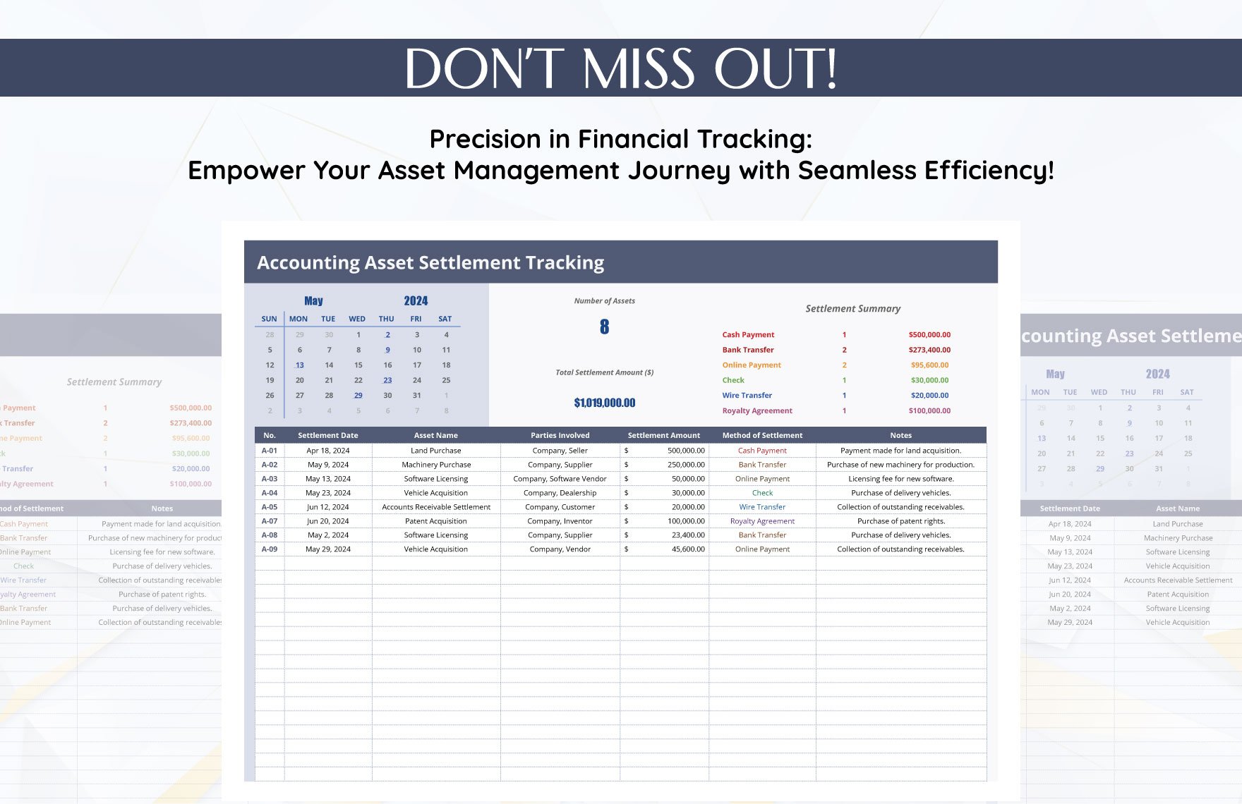 Accounting Asset Settlement Tracking Template