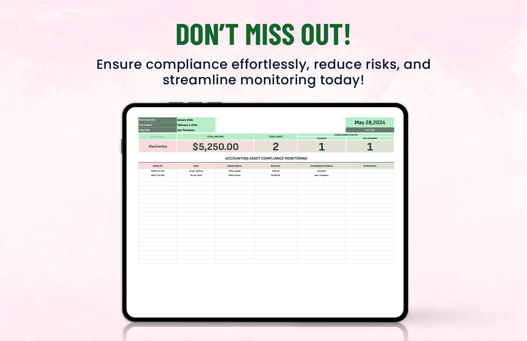 Accounting Asset Compliance Monitoring Template