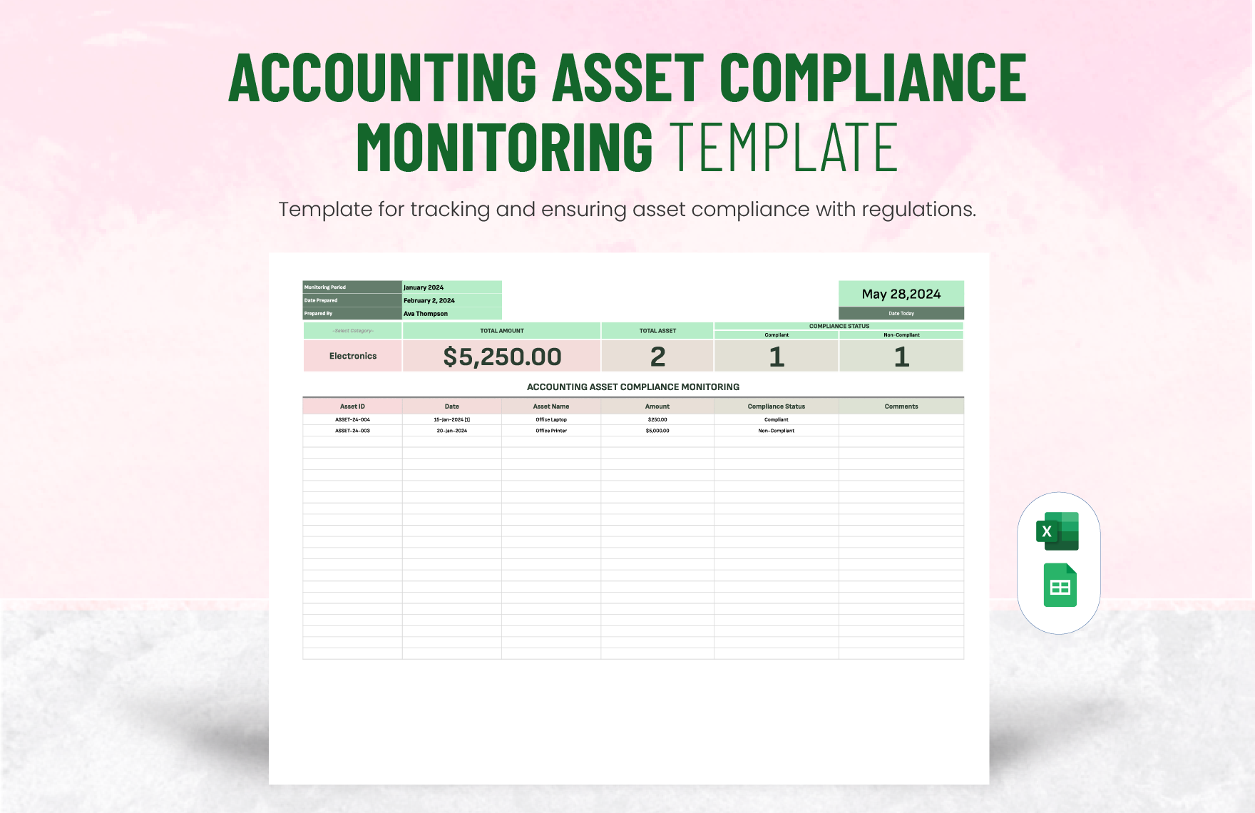 Accounting Asset Compliance Monitoring Template in Excel, Google Sheets