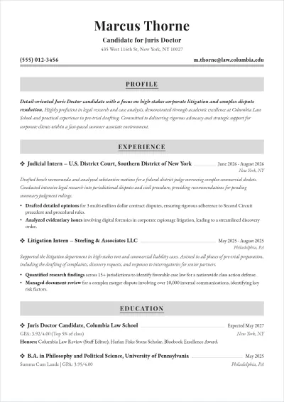 Free Law College Student ATS Resume Template, AI Resume Builder