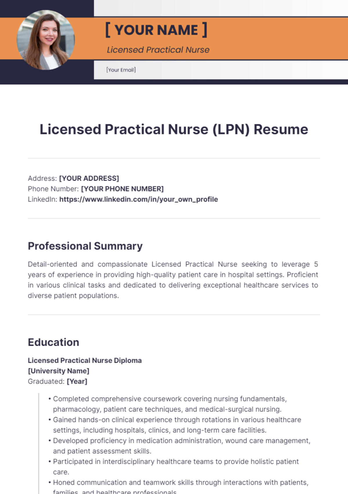 Free Licensed Practical Nurse (LPN) Resume Template - Edit Online ...