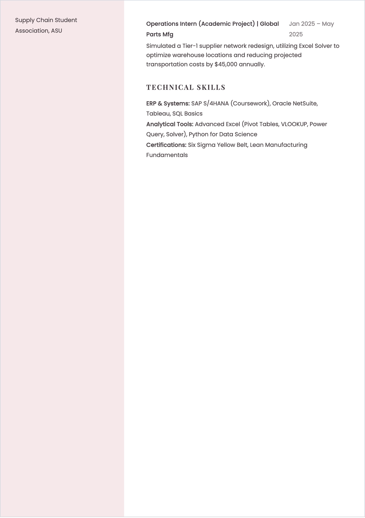 Free Supply Chain Internship ATS Resume Template, AI Resume Builder