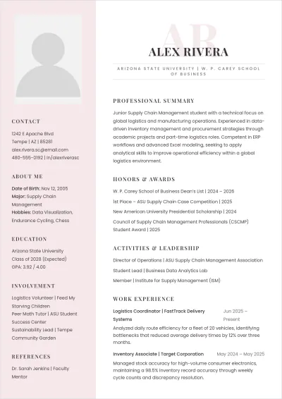Free Supply Chain Internship ATS Resume Template, AI Resume Builder