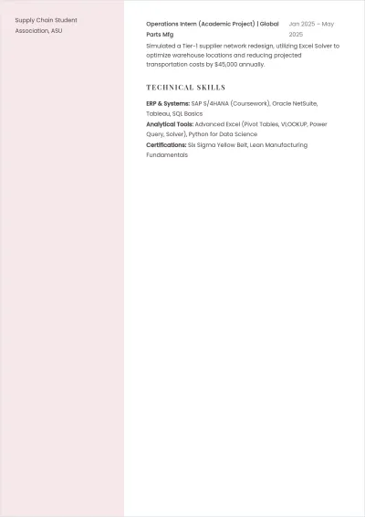 Free Supply Chain Internship ATS Resume Template, AI Resume Builder