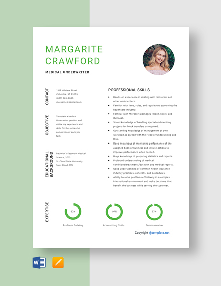 Medical Underwriter Resume Template - Word, Apple Pages