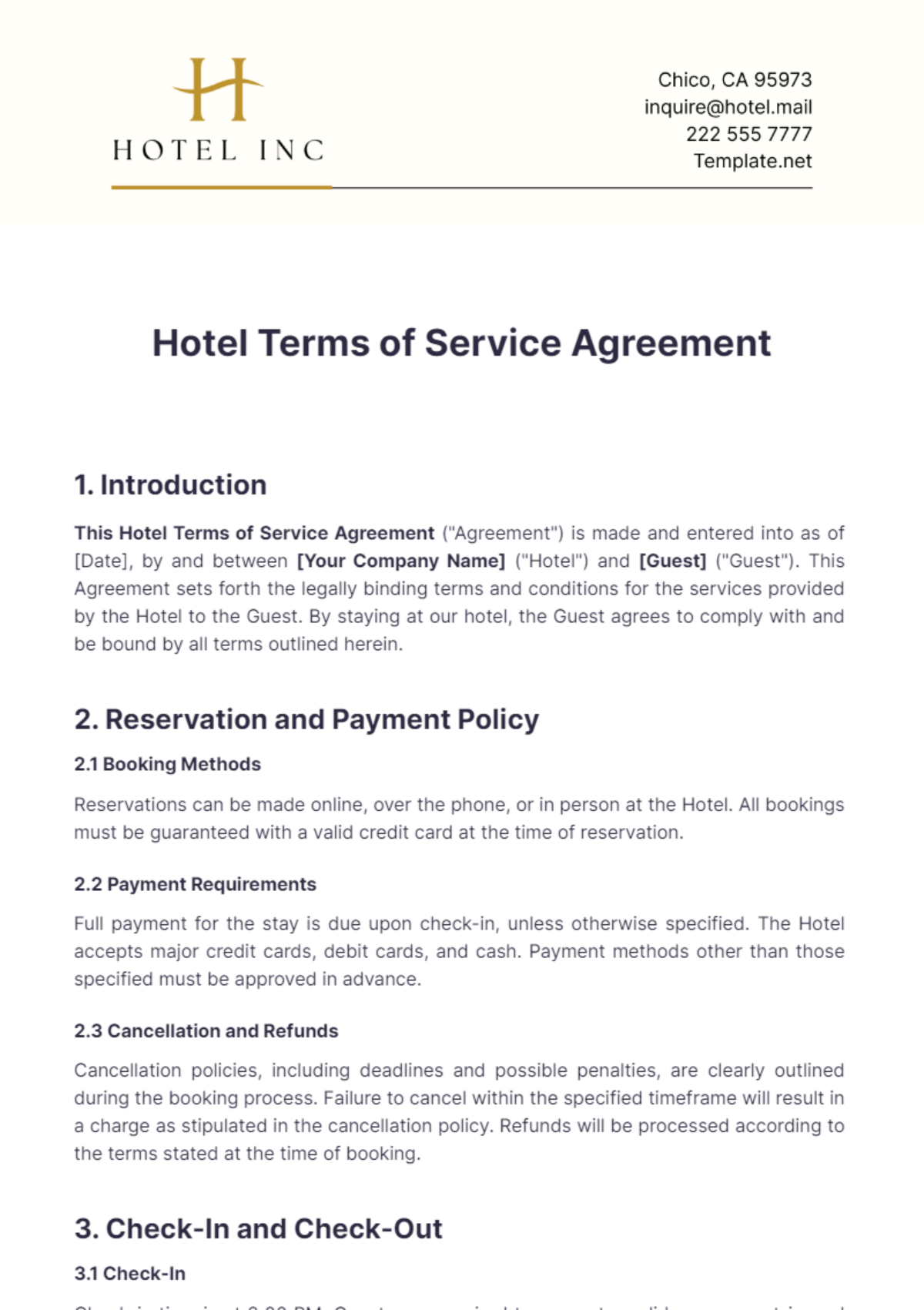 Hotel Terms of Service Agreement Template - Edit Online & Download