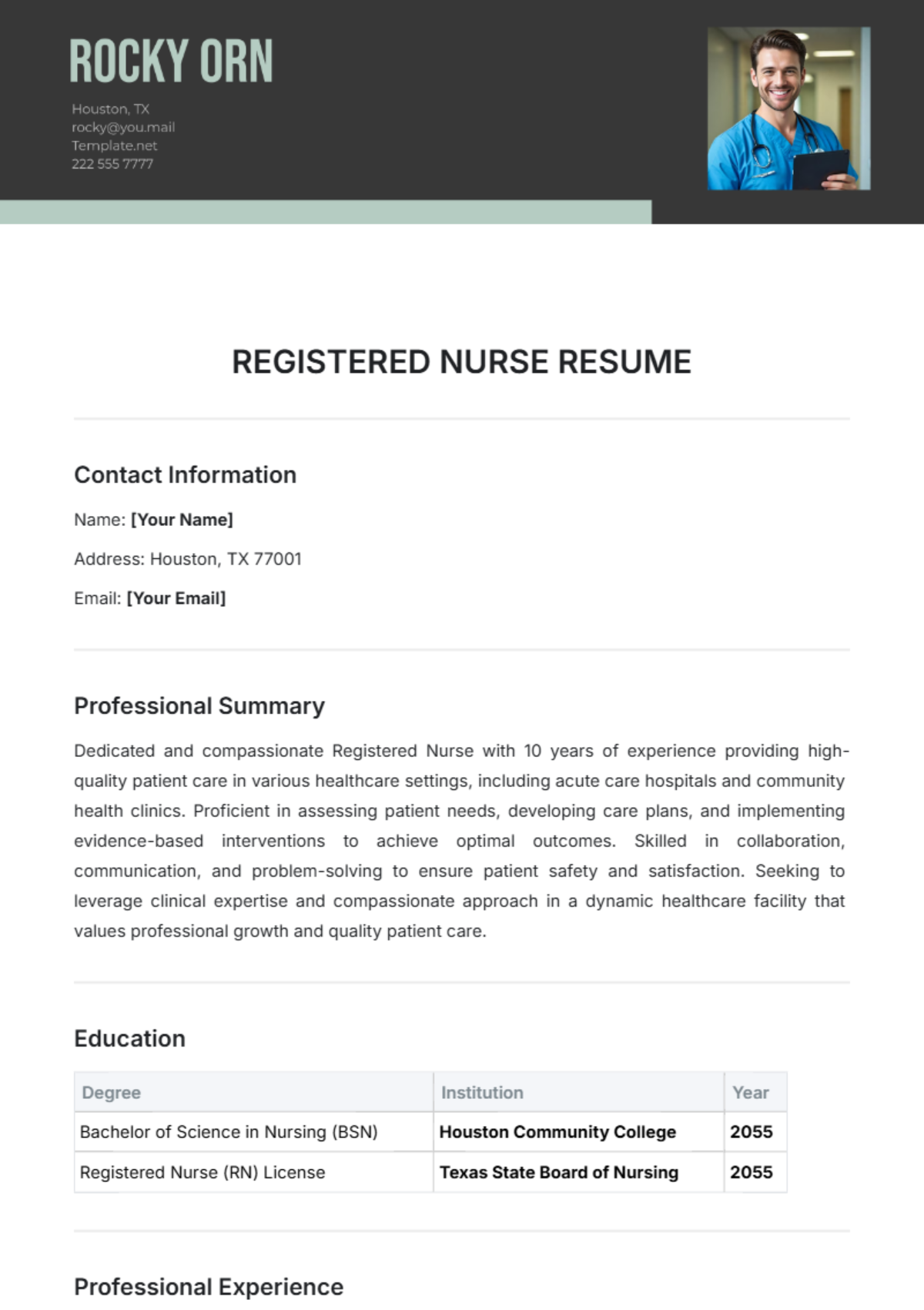 Registered Nurse Resume Template - Edit Online & Download