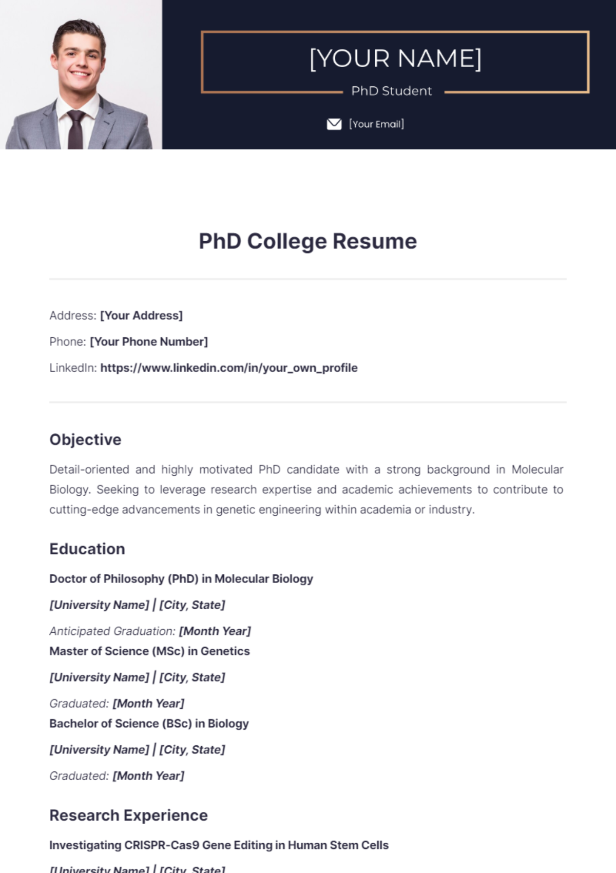 PhD College Student Resume - Edit Online & Download