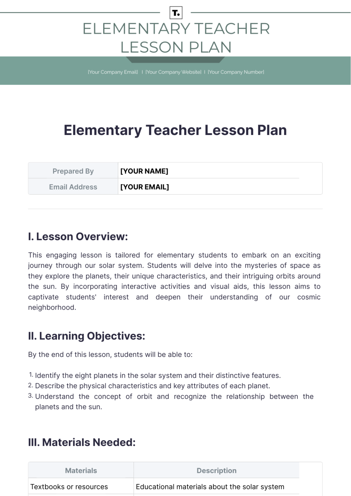 Free Elementary Teacher Lesson Plan Template