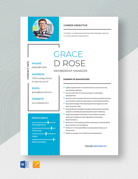 Free Membership Manager Resume Template - Word, Apple Pages
