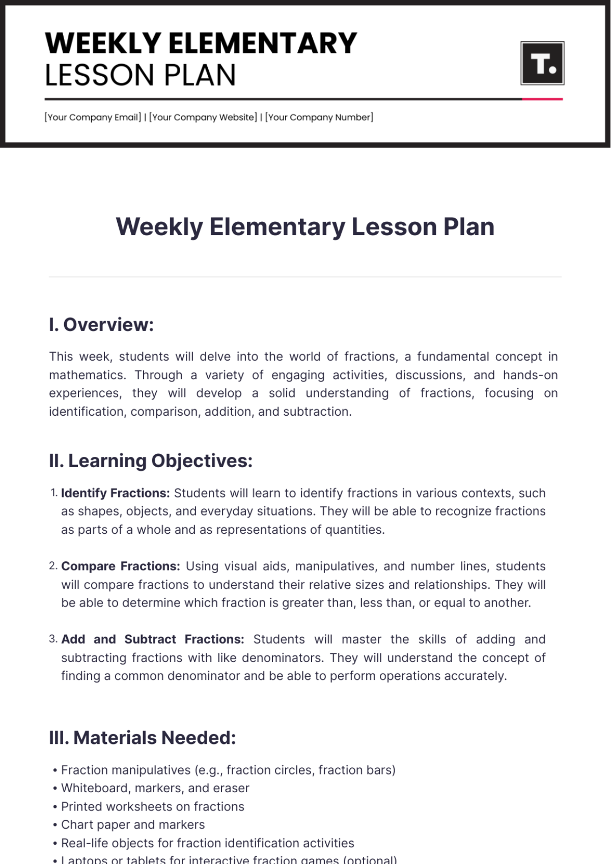 Free Weekly Elementary Lesson Plan Template