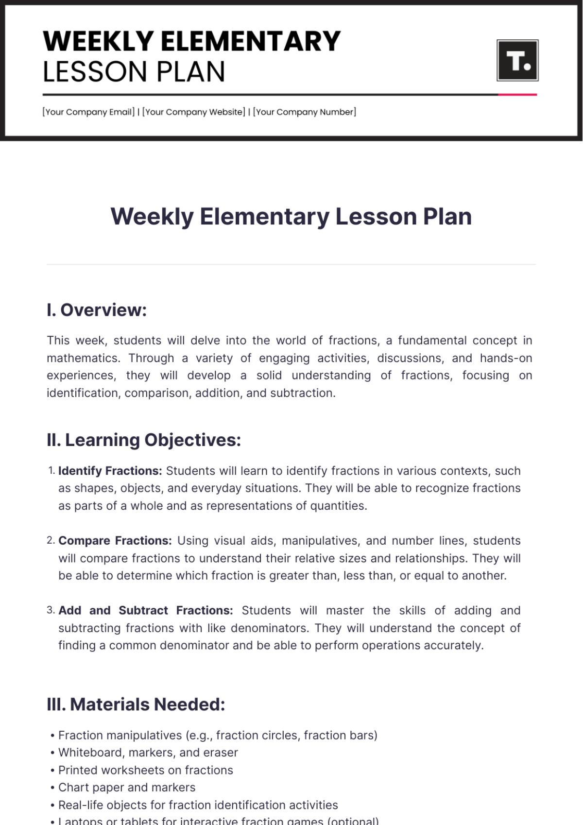 Weekly Elementary Lesson Plan Template