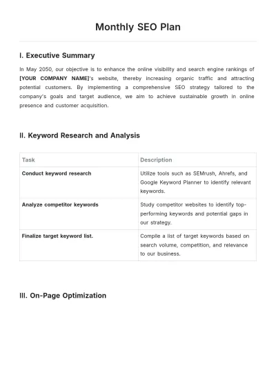 Free Monthly SEO Plan Template to Edit Online