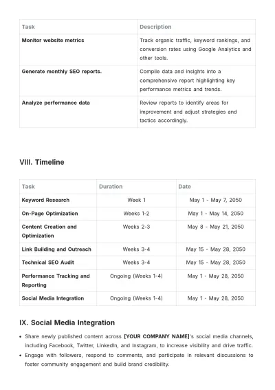 Free Monthly SEO Plan Template to Edit Online