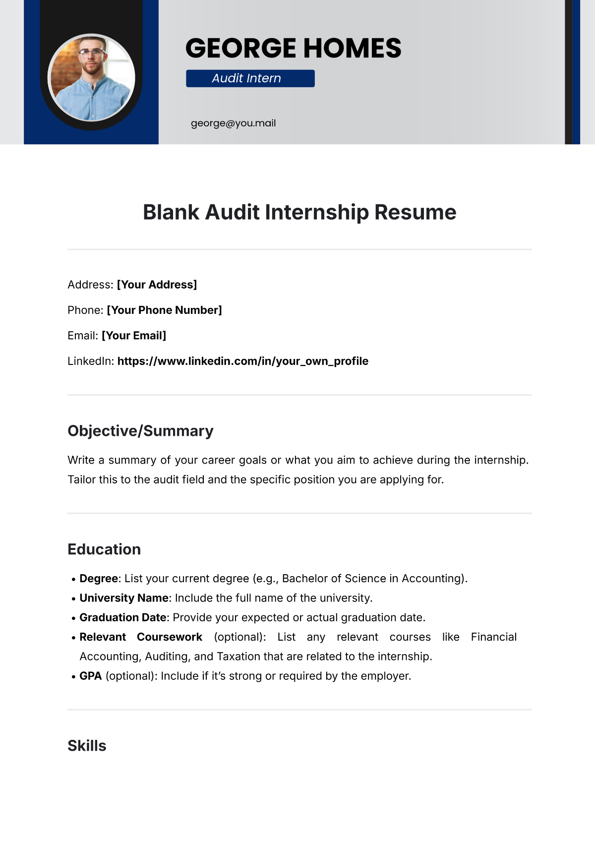 Blank Audit Internship Resume Template - Edit Online & Download