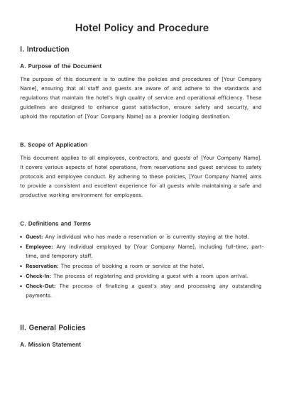 Free Hotel Policy and Procedure Template to Edit Online
