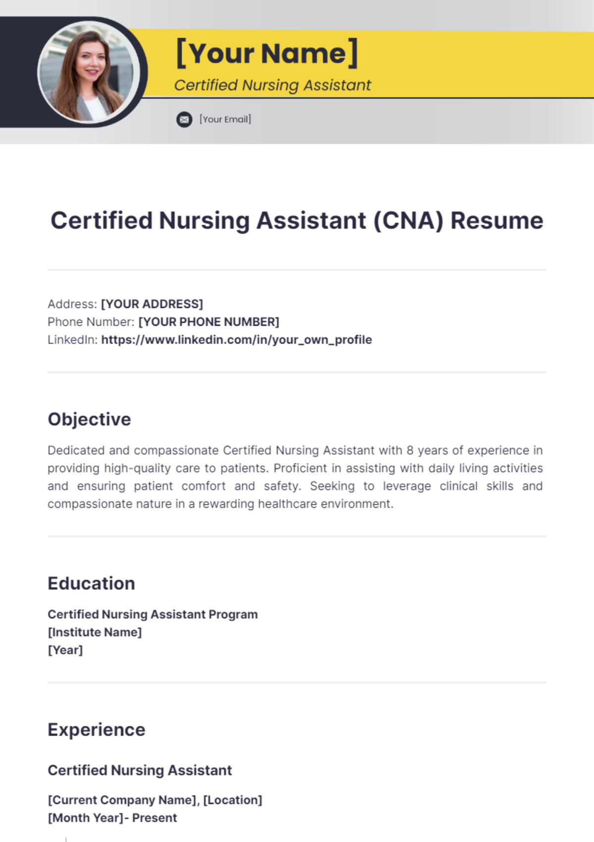 Certified Nursing Assistant (CNA) Resume - Edit Online & Download