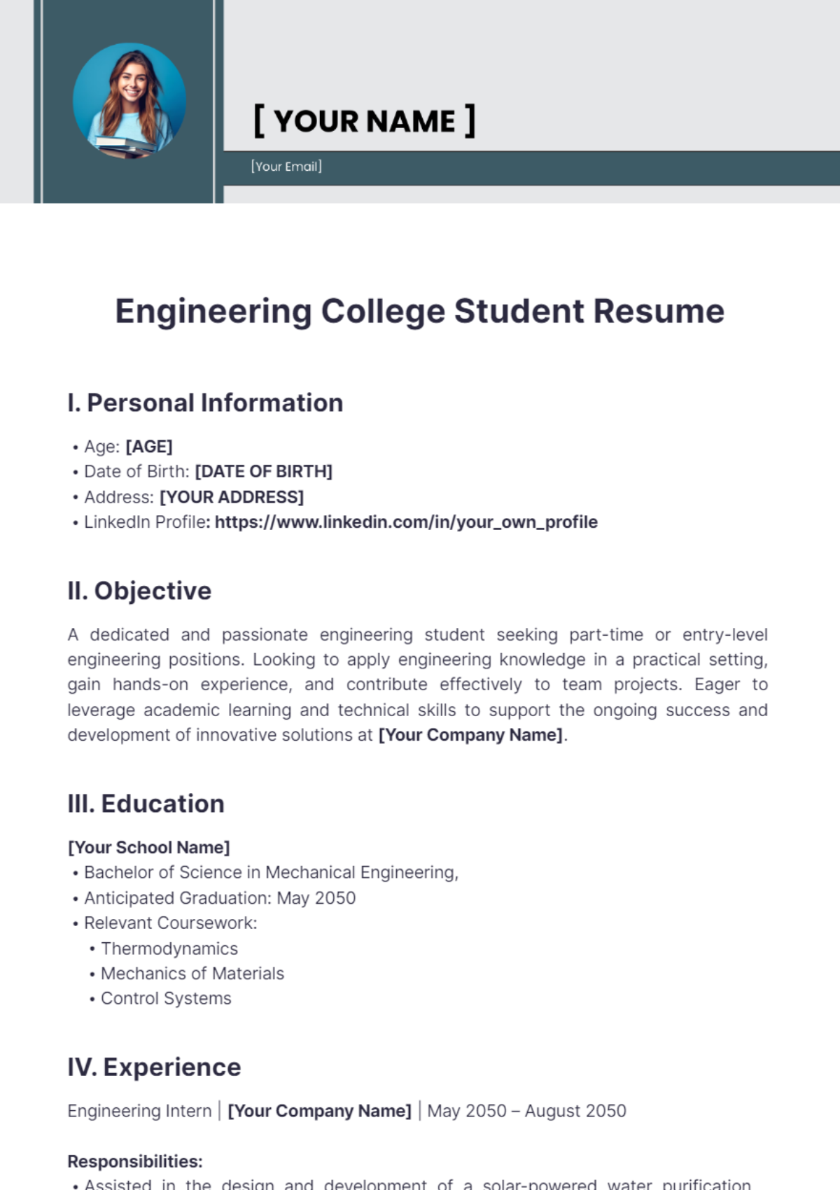 Engineering College Student Resume - Edit Online & Download