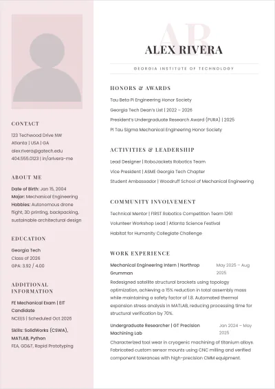 Free Engineering College Student ATS Resume Template