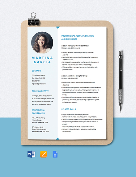 Editable Account Manager Resume Template - Google Docs, Word, Apple Pages