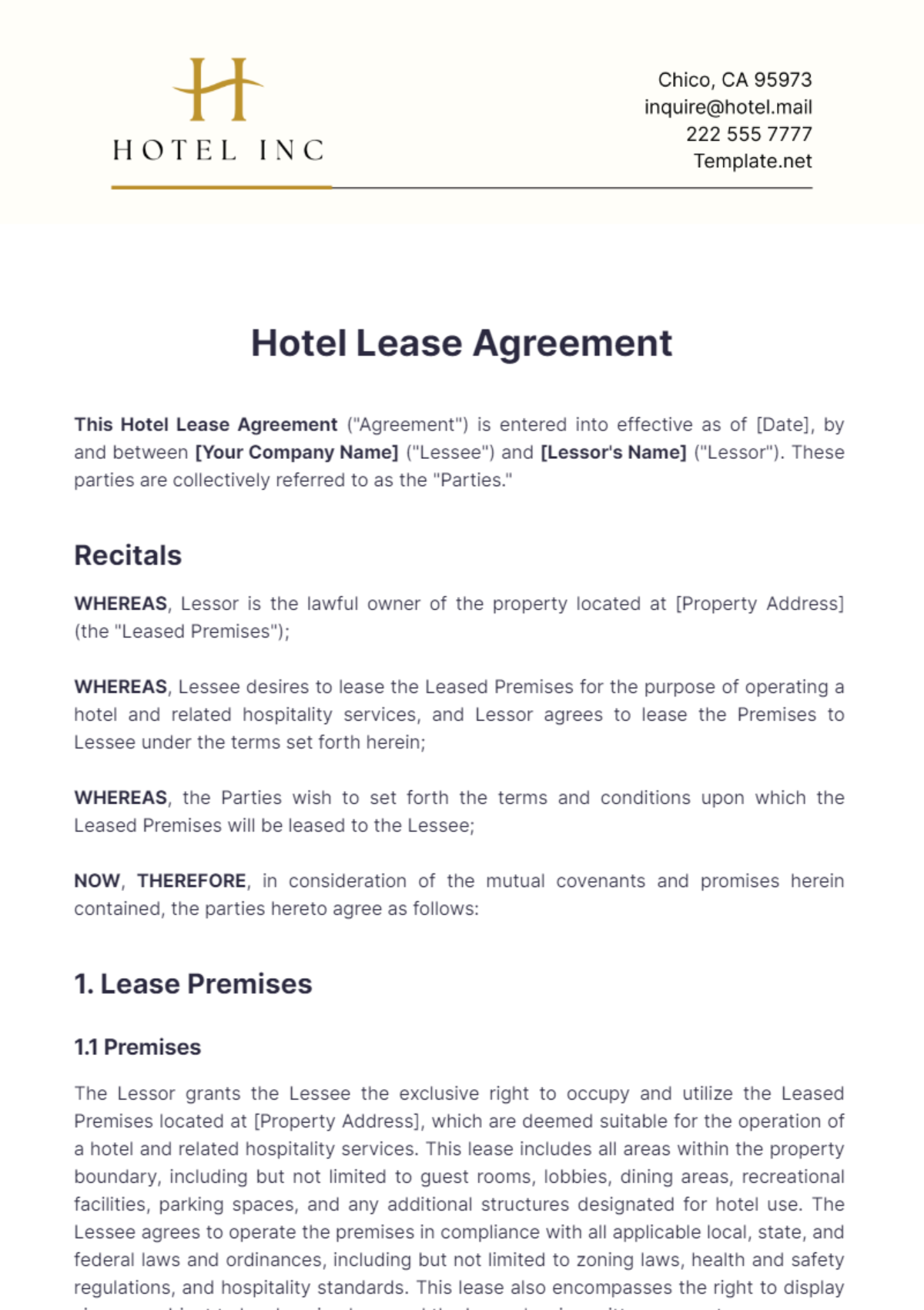 Hotel Lease Agreement Template - Edit Online & Download