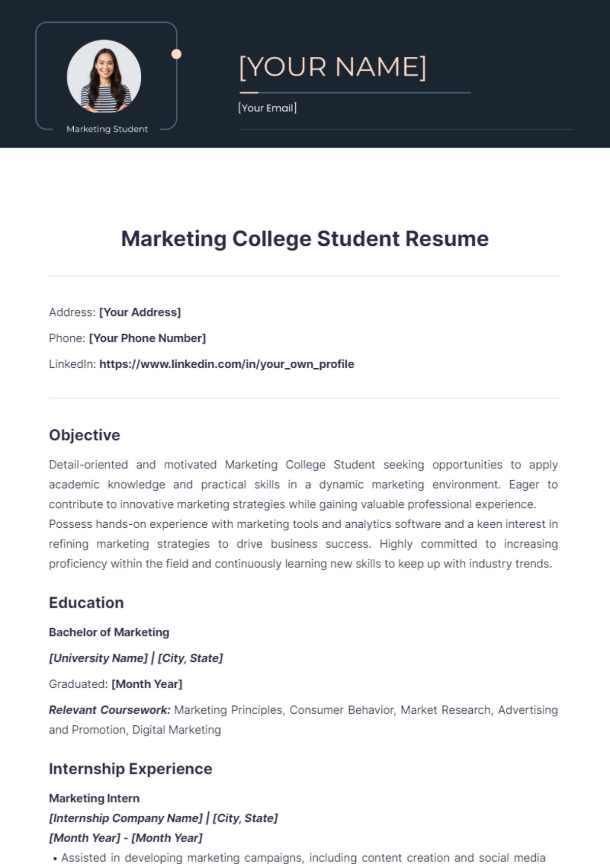 Marketing College Student Resume - Edit Online & Download