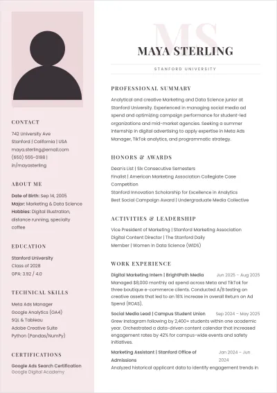 Free Marketing College Student ATS Resume Template, AI Resume Builder
