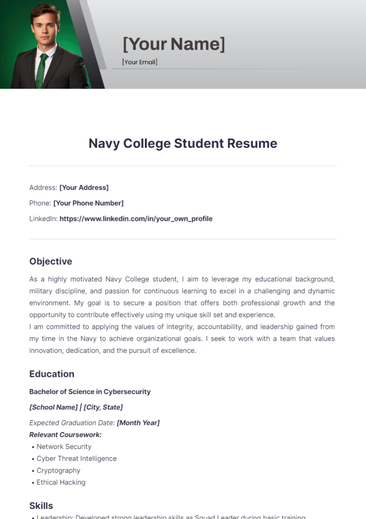 Navy College Student Resume - Edit Online & Download