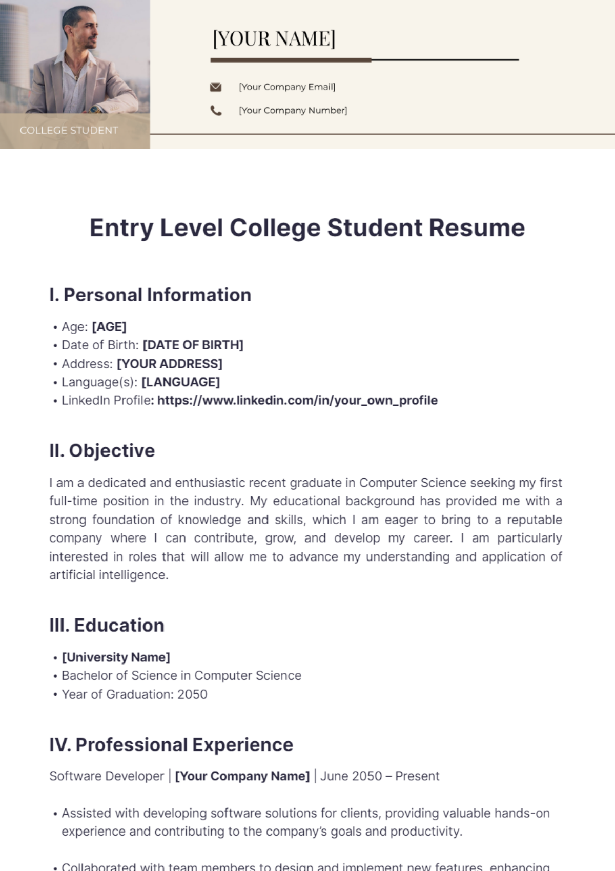 Entry Level College Student Resume - Edit Online & Download Example ...