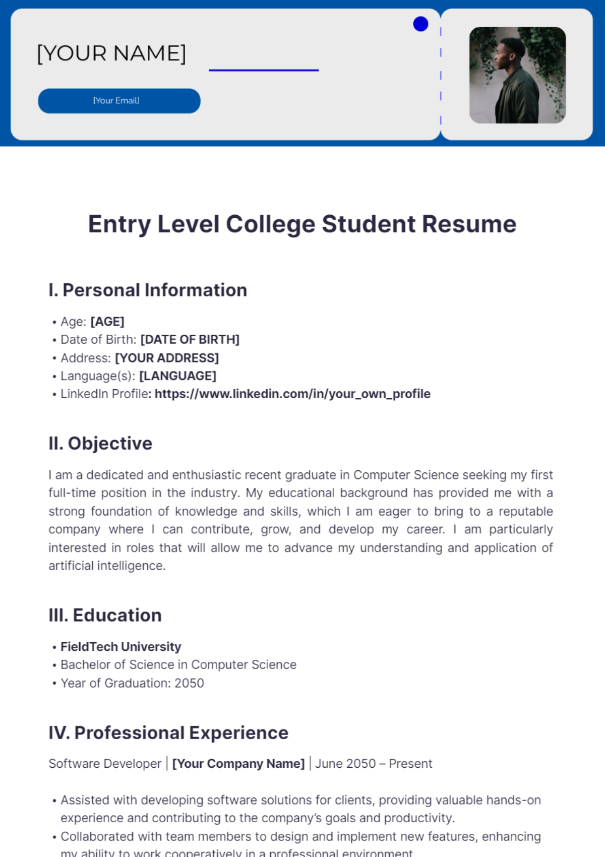 Entry Level College Student Resume - Edit Online & Download