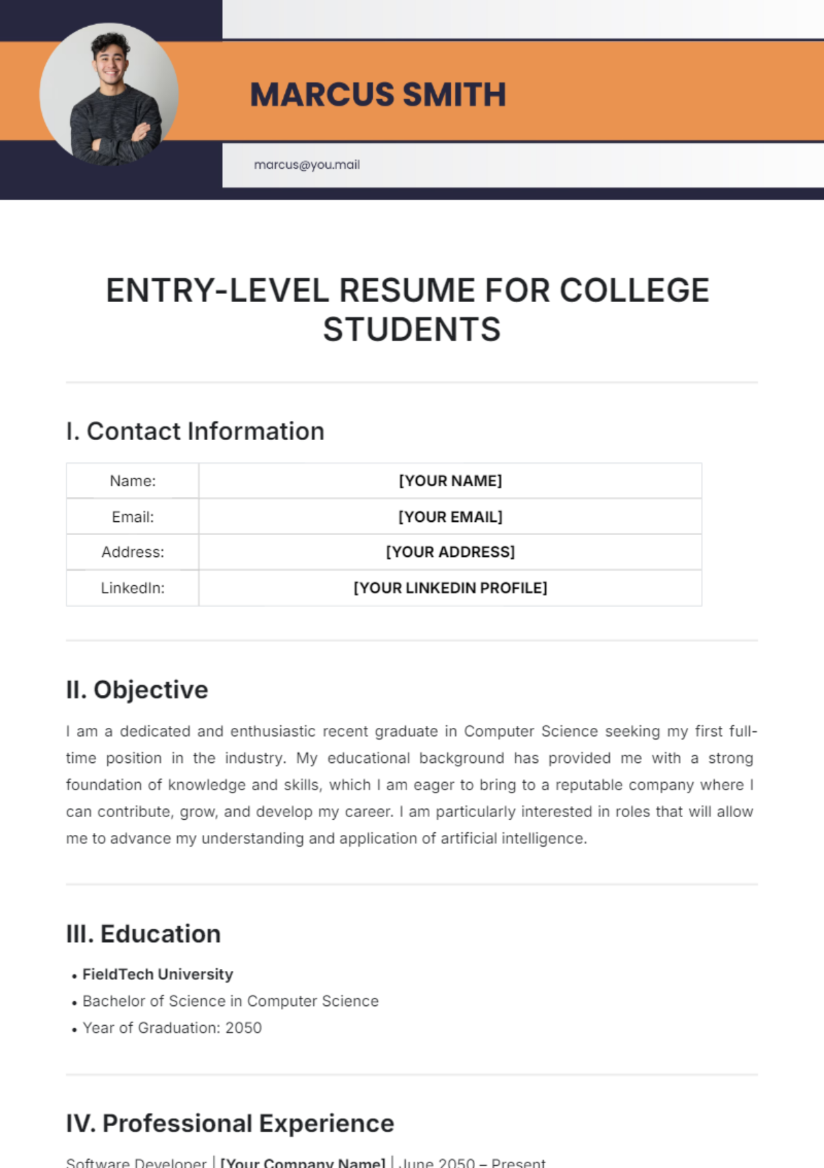 Entry-Level Resume for College Students Template - Edit Online & Download