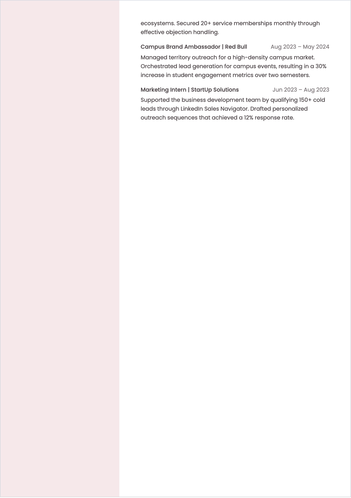 Free Printable Sales Internship ATS Resume Template, AI Resume Builder