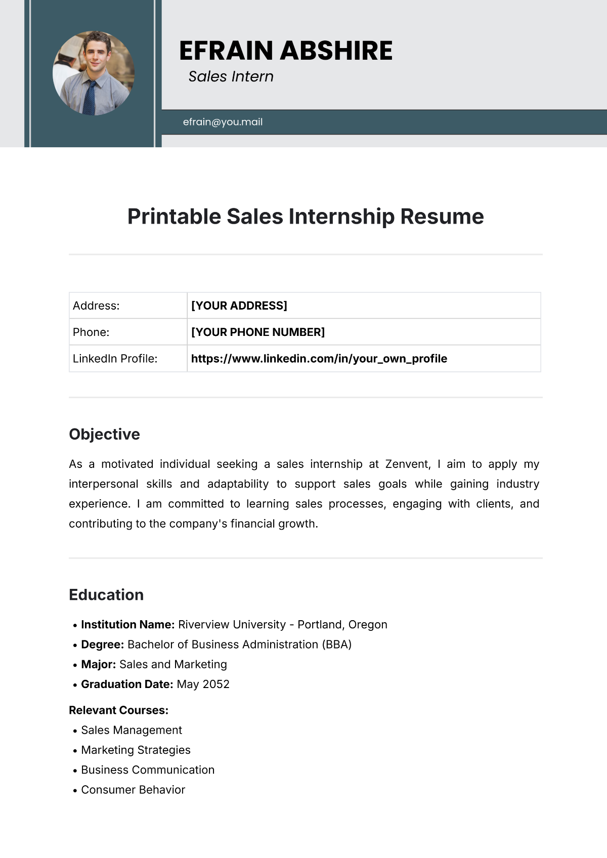 Printable Sales Internship Resume Template - Edit Online & Download