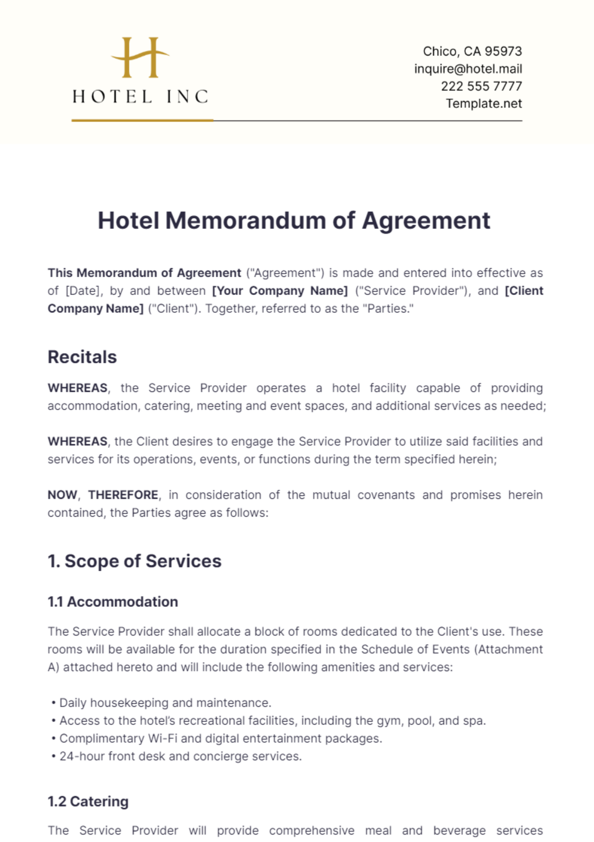 Hotel Memorandum of Agreement Template - Edit Online & Download