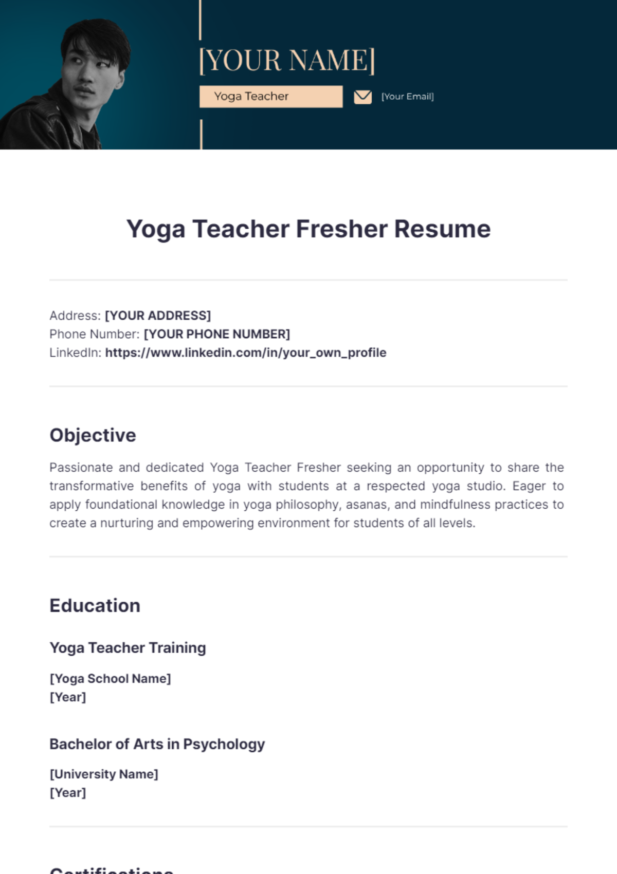 Yoga Teacher Fresher Resume