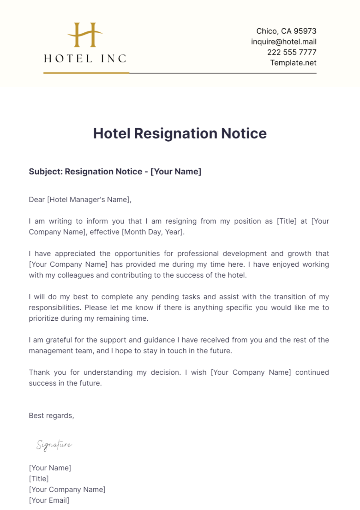 Hotel Resignation Email Template - Edit Online & Download