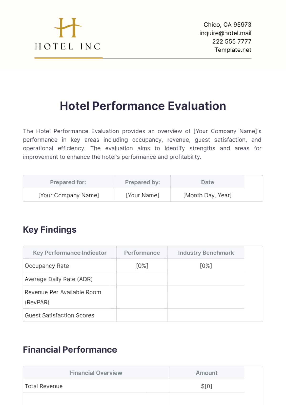 Hotel Performance Evaluation Template - Edit Online & Download