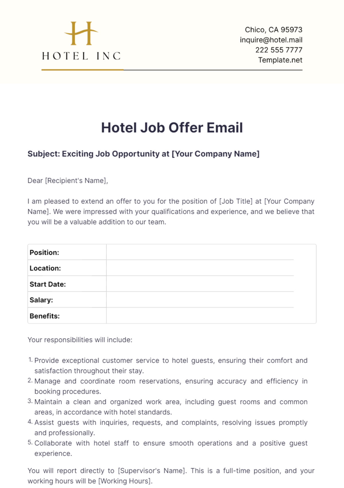 Hotel Job Offer Email Template - Edit Online & Download