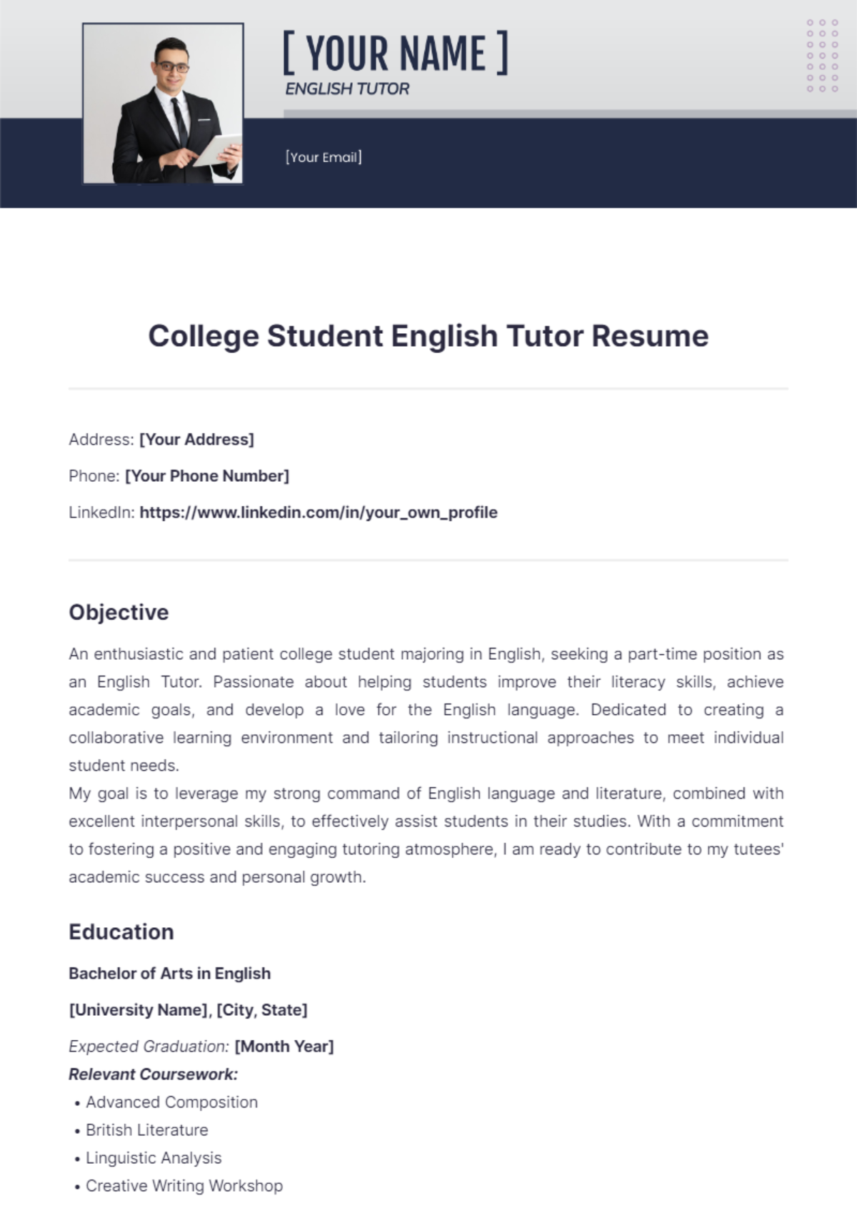 College Student English Tutor Resume - Edit Online & Download