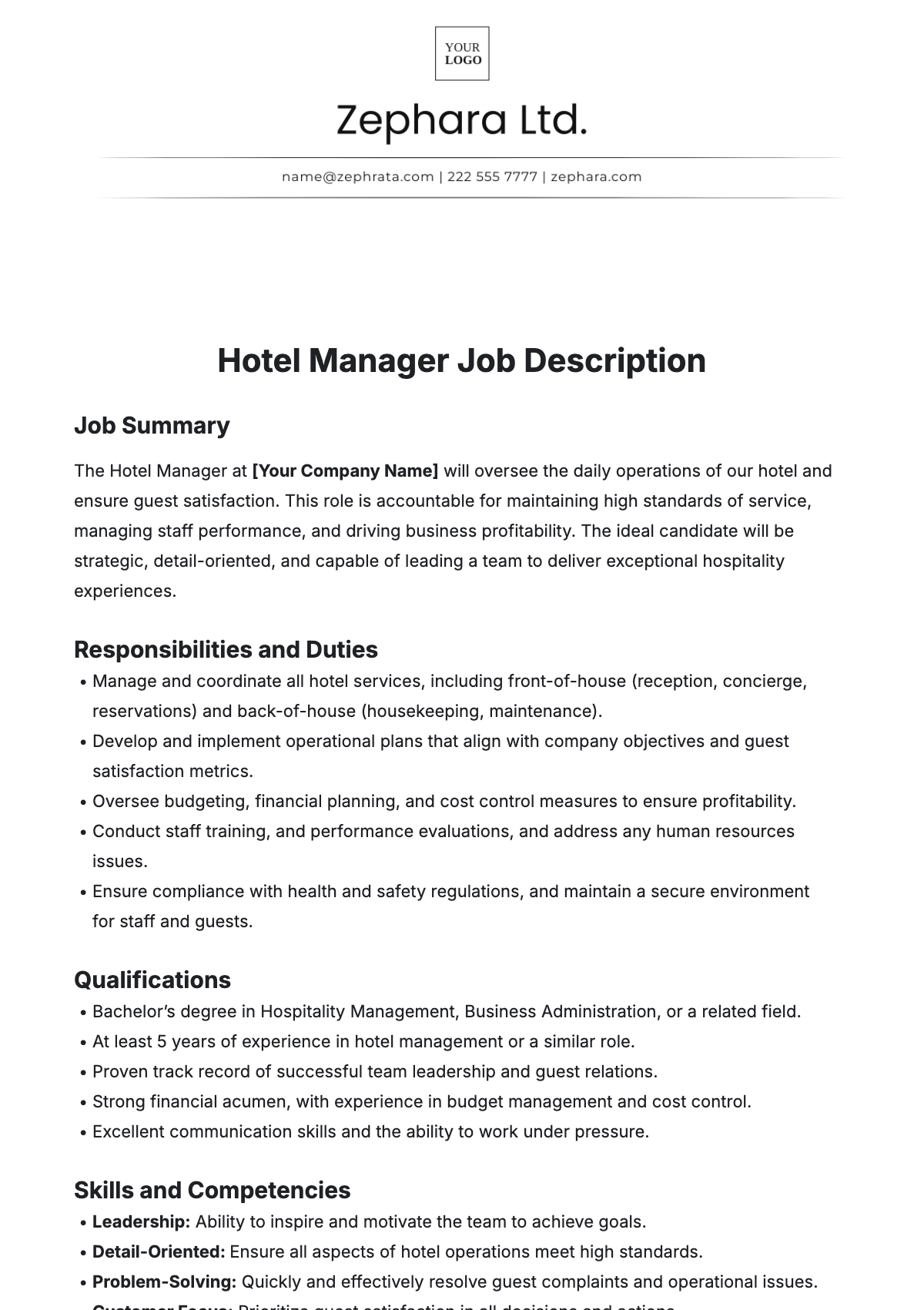 Blank Hotel Manager Job Description Template - Edit Online & Download