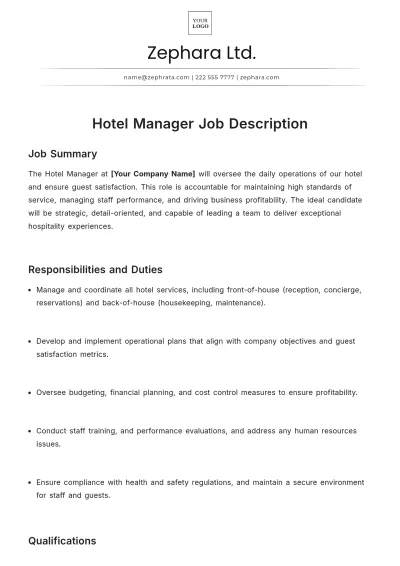 Free Blank Hotel Manager Job Description Template to Edit Online