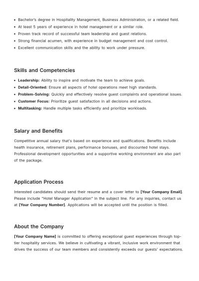 Free Blank Hotel Manager Job Description Template to Edit Online