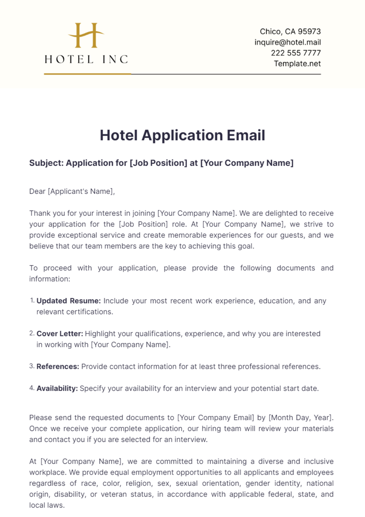 Hotel Application Email Template - Edit Online & Download