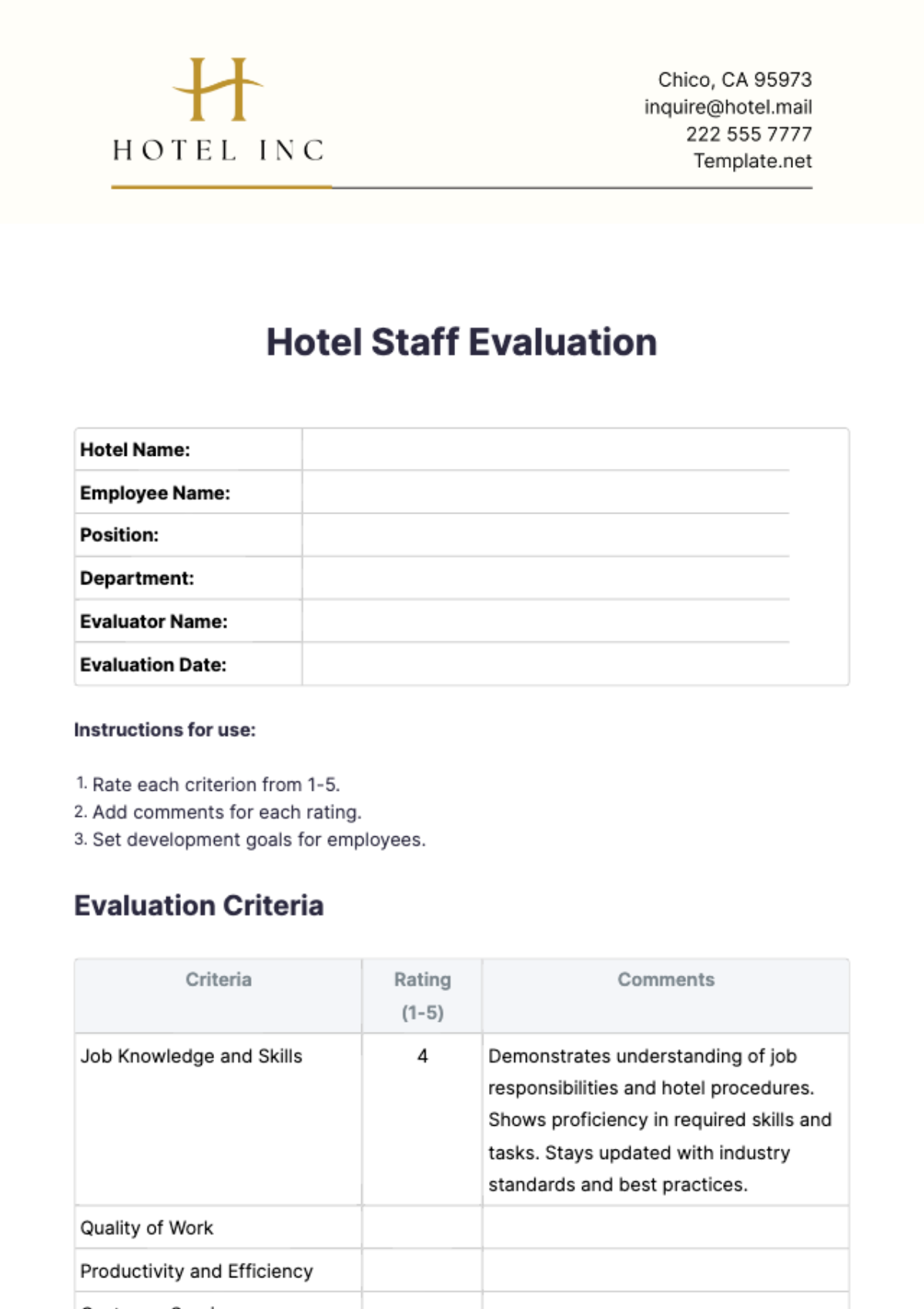 Hotel Staff Evaluation Template - Edit Online & Download