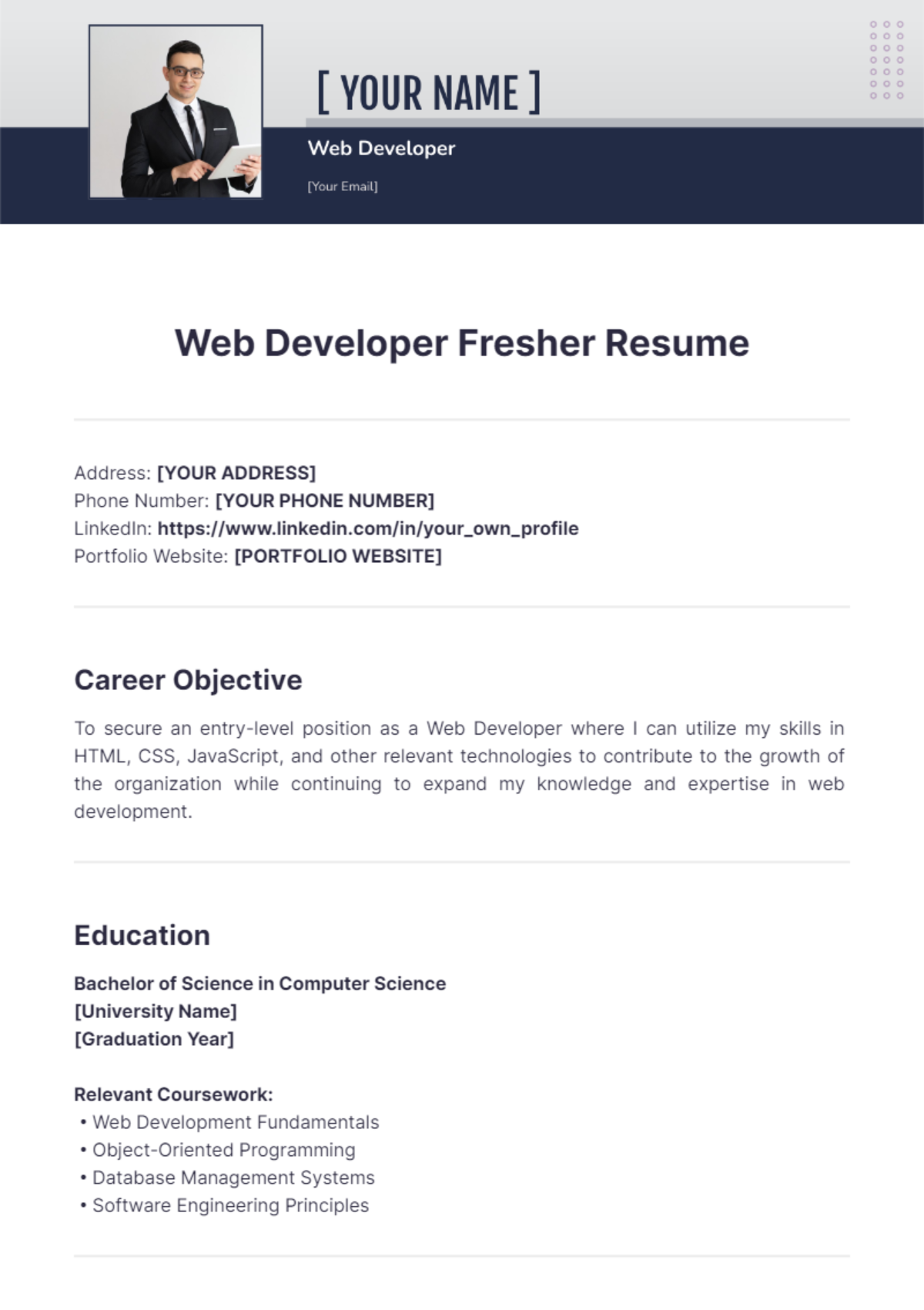 Web Developer Fresher Resume - Edit Online & Download