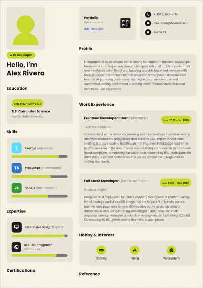 Free Web Developer Fresher ATS Resume Template, AI Resume Builder