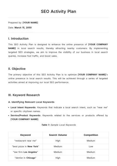 Free SEO Activity Plan Template to Edit Online