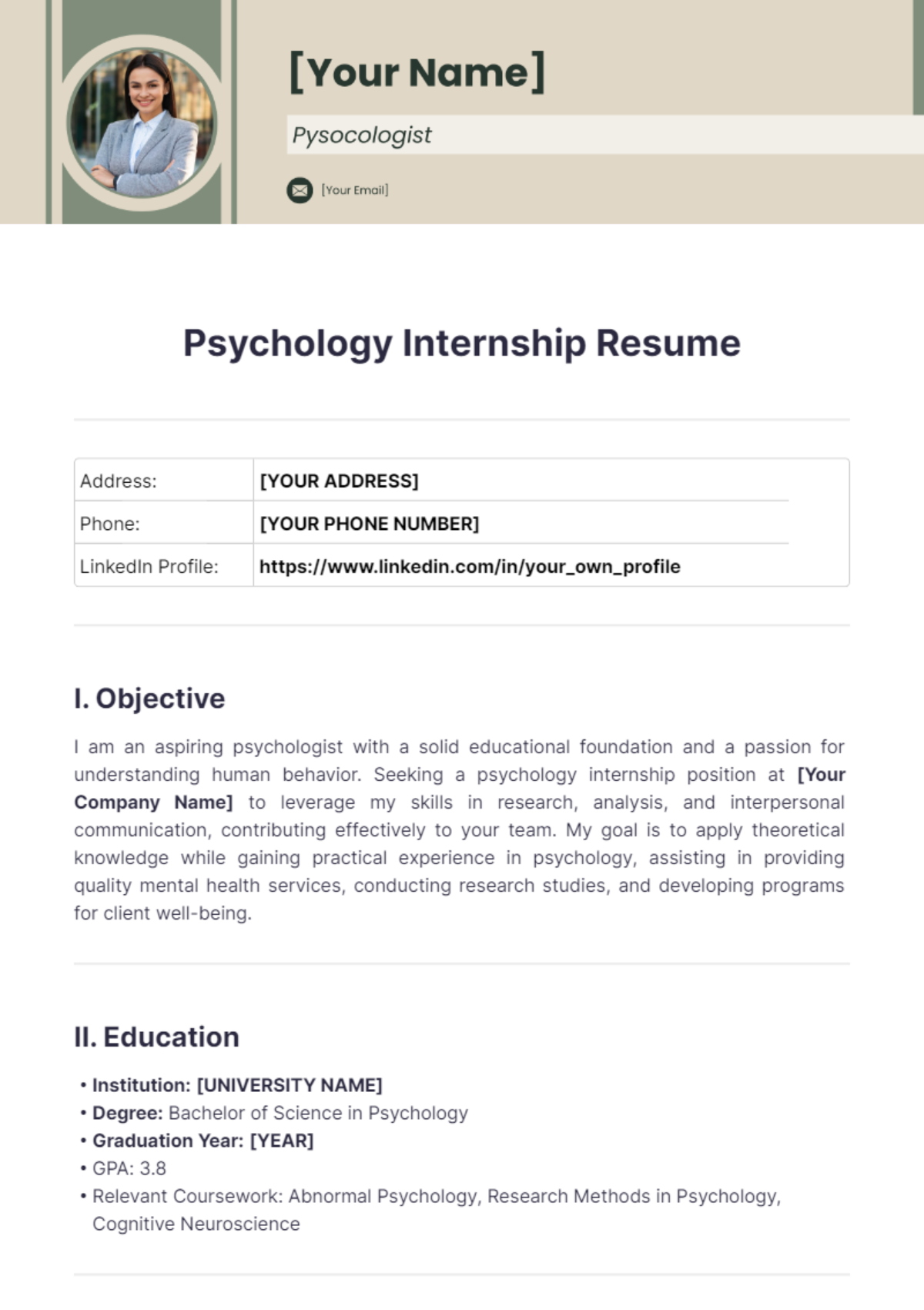 Psychology Internship Resume - Edit Online & Download