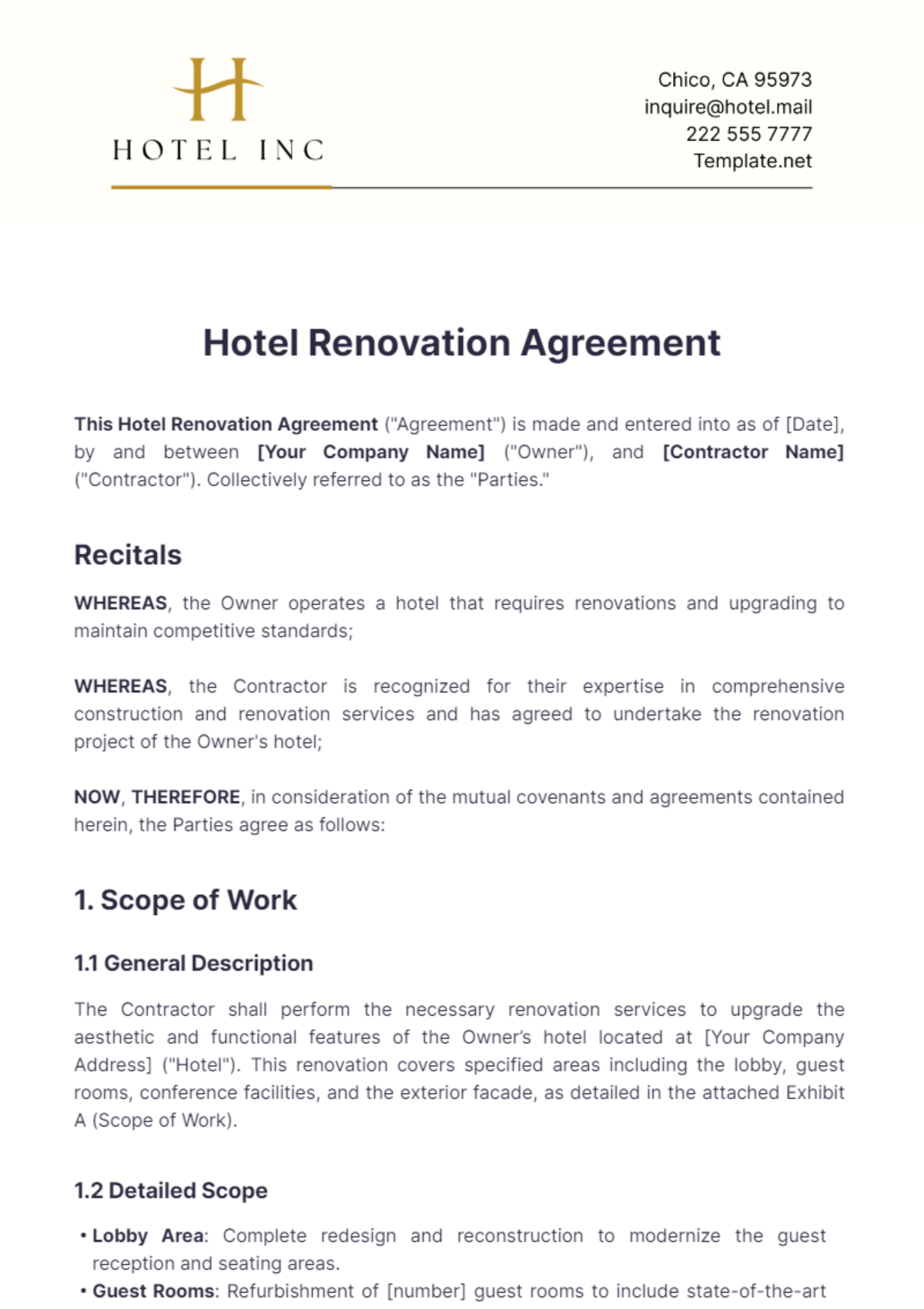 Hotel Renovation Agreement Template - Edit Online & Download