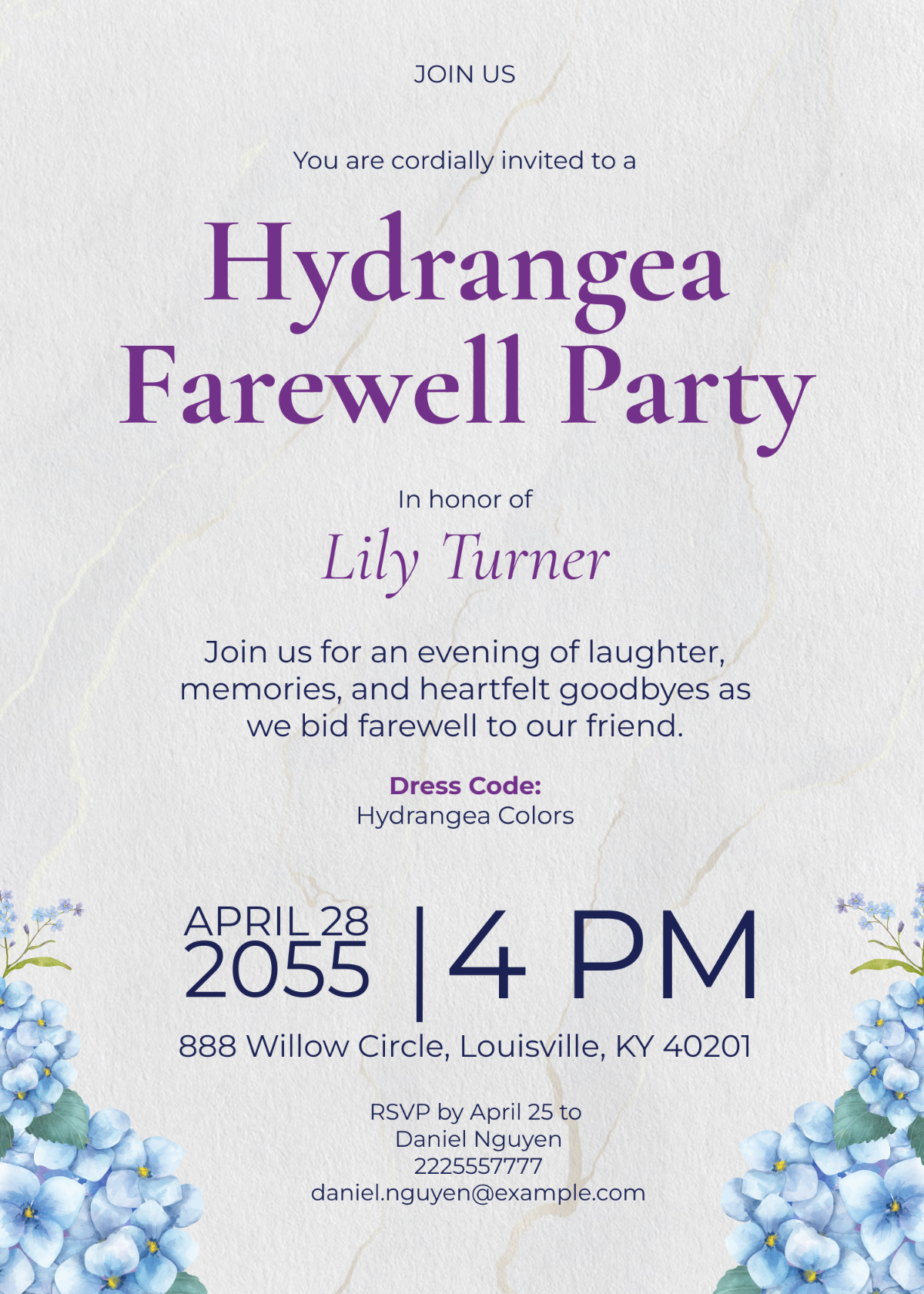 Hydrangea Farewell Party Invitation
